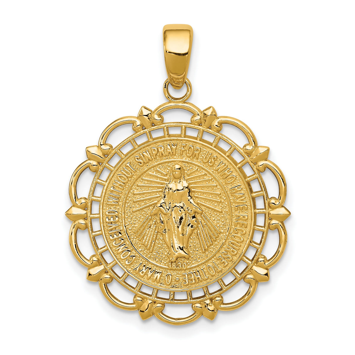 10k Yellow Gold Miraculous Medal Pendant with Virgin Mary and Scallop Frame