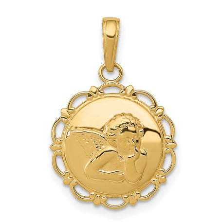 10k Yellow Gold Angel Pendant with Cherub and Scalloped Border Religious Charm