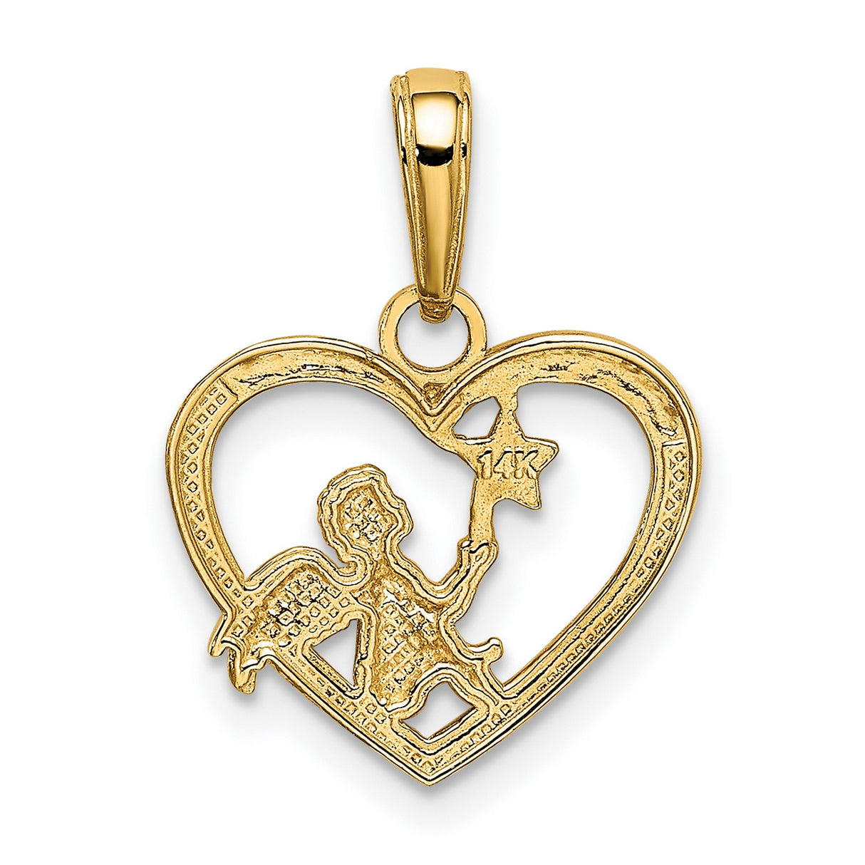10k Multi-Tone Gold Heart Pendant with Winged Cherub Holding Star, Christian Angel Design