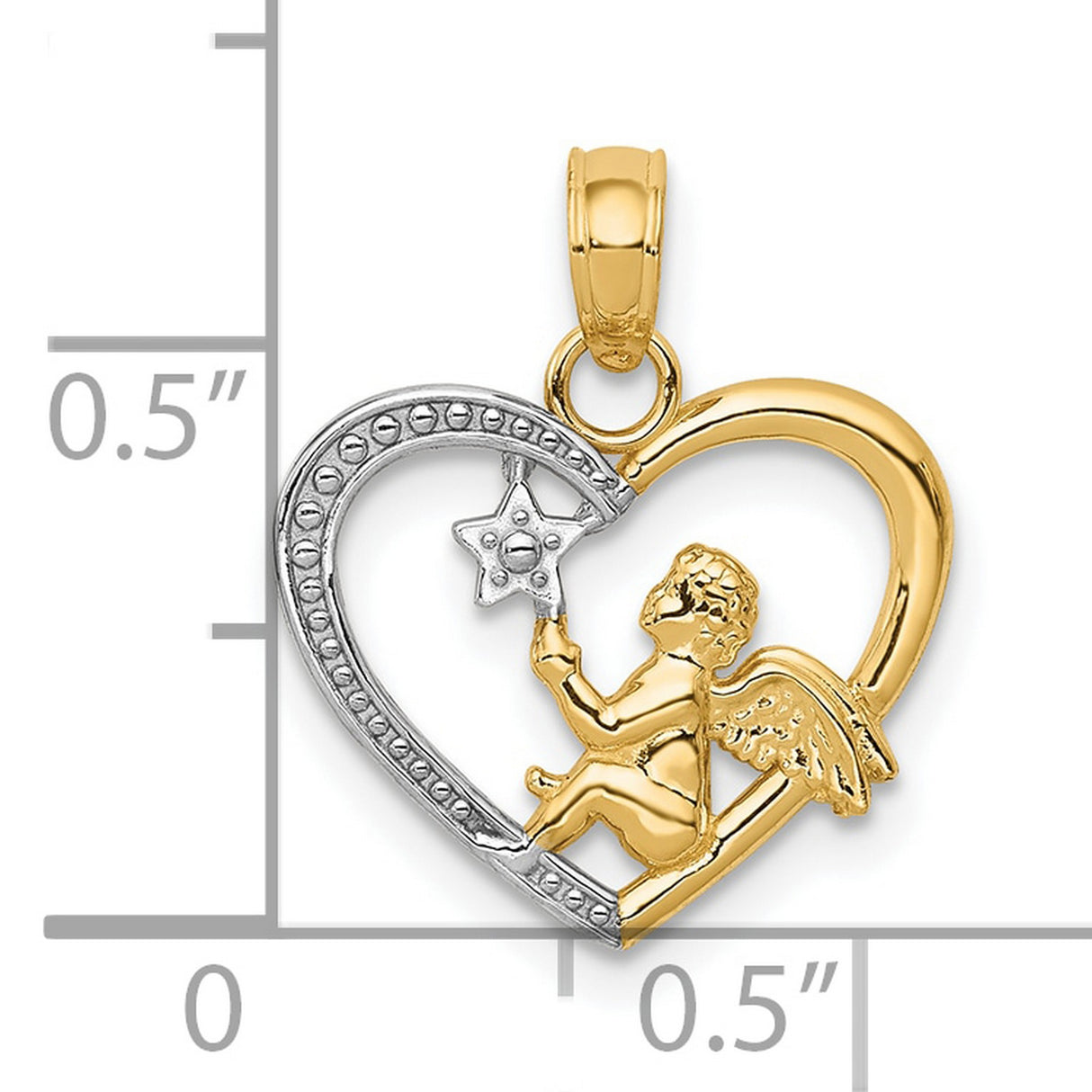 10k Multi-Tone Gold Heart Pendant with Winged Cherub Holding Star, Christian Angel Design