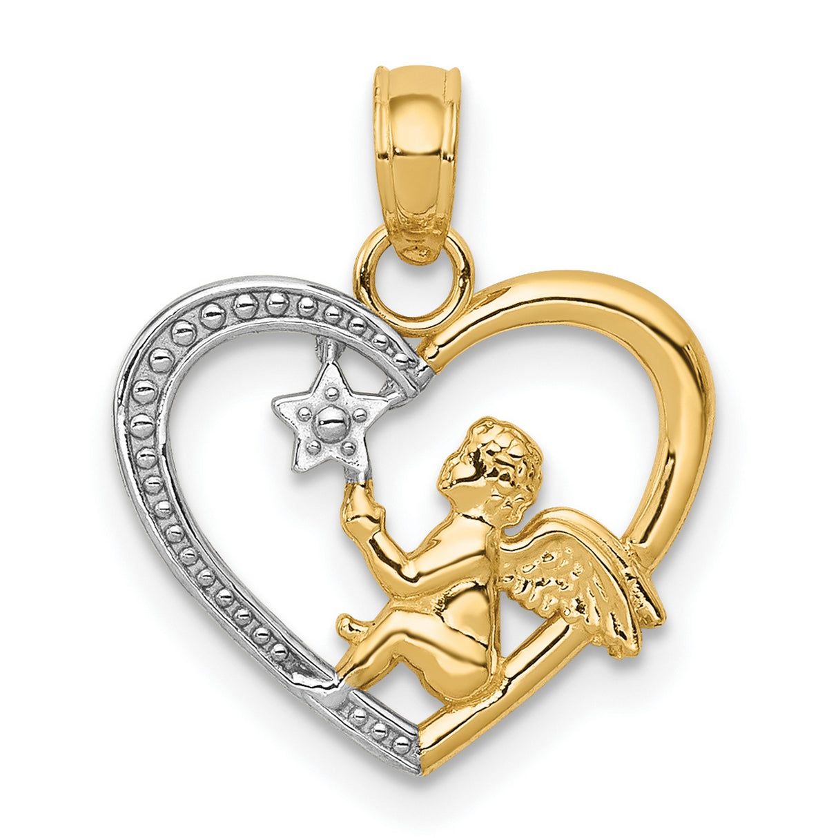 10k Multi-Tone Gold Heart Pendant with Winged Cherub Holding Star, Christian Angel Design