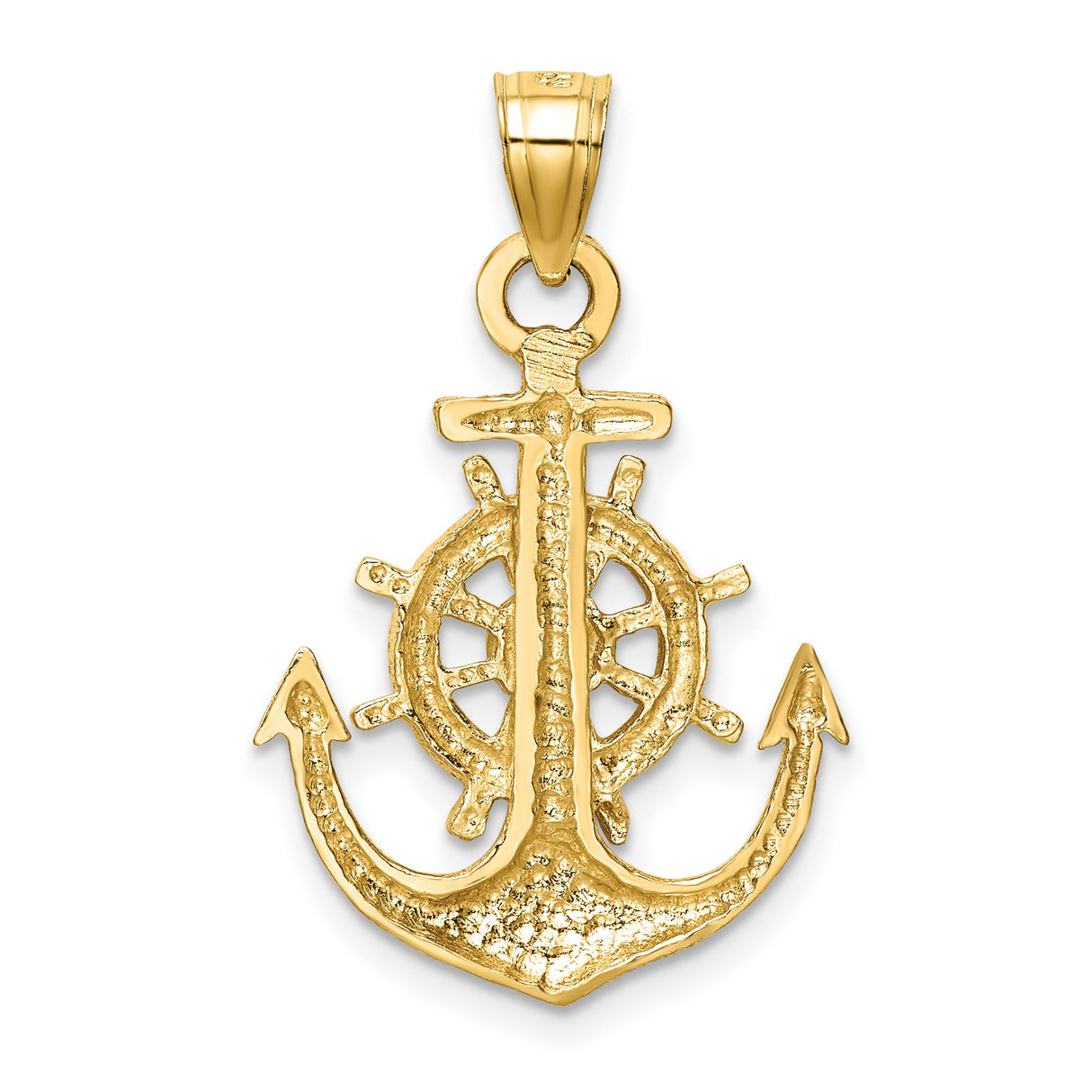 10k Yellow Gold Anchor Pendant with Ship Wheel Design, Nautical Charm for Men