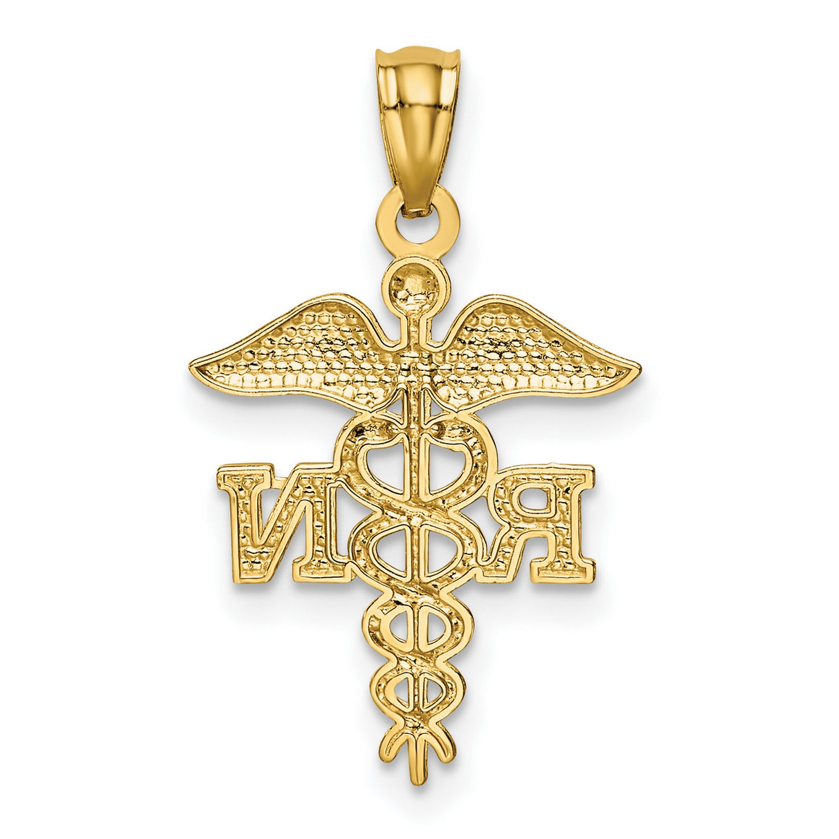 10k Yellow Gold RN Pendant with Caduceus Symbol, Detailed Wings and Staff Design