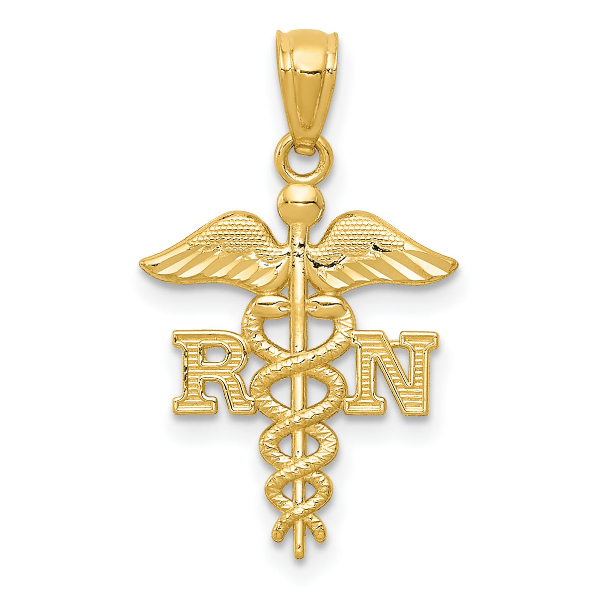 10k Yellow Gold RN Pendant with Caduceus Symbol, Detailed Wings and Staff Design