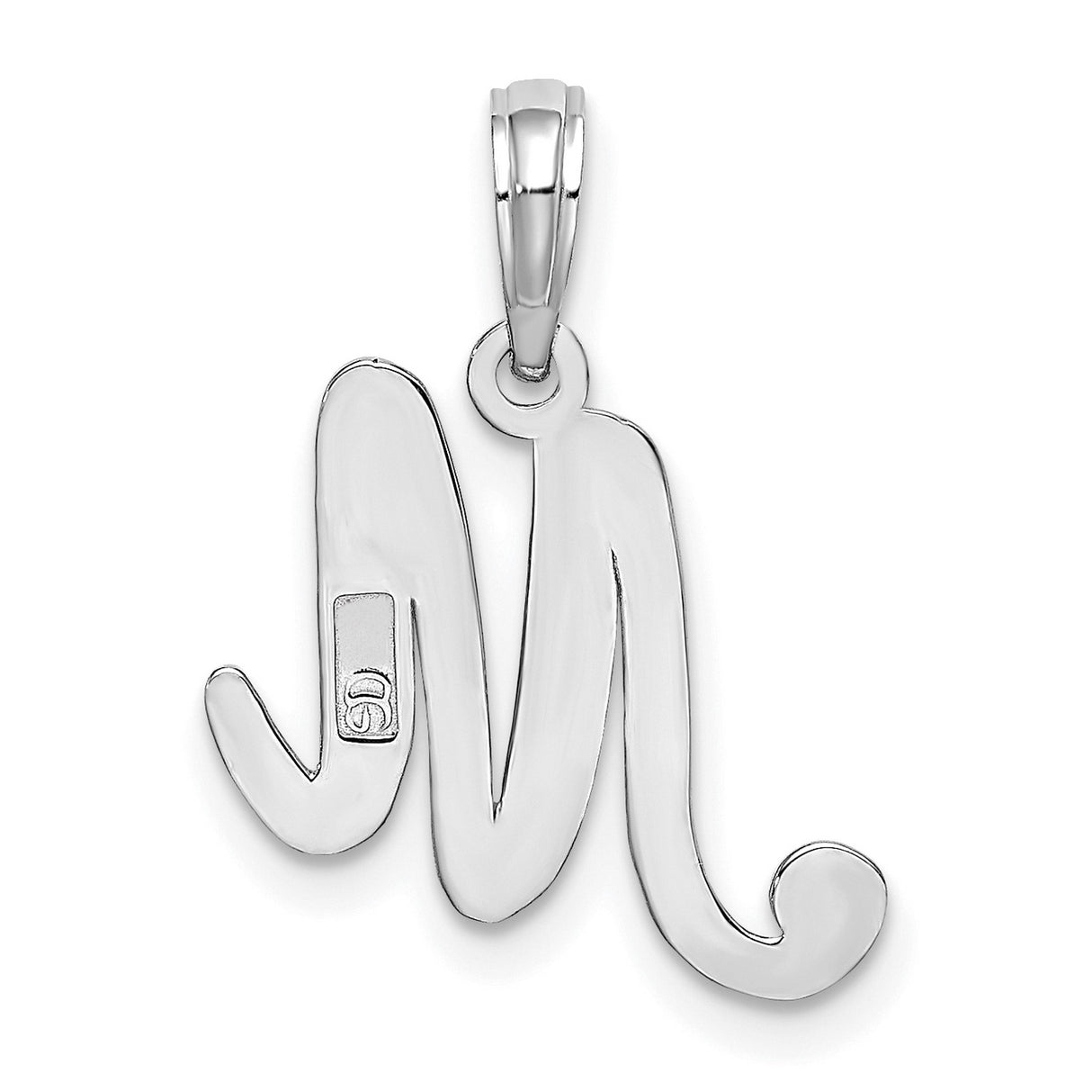 10k White Gold Script Initial M Pendant, Polished Cursive Letter Charm for Women