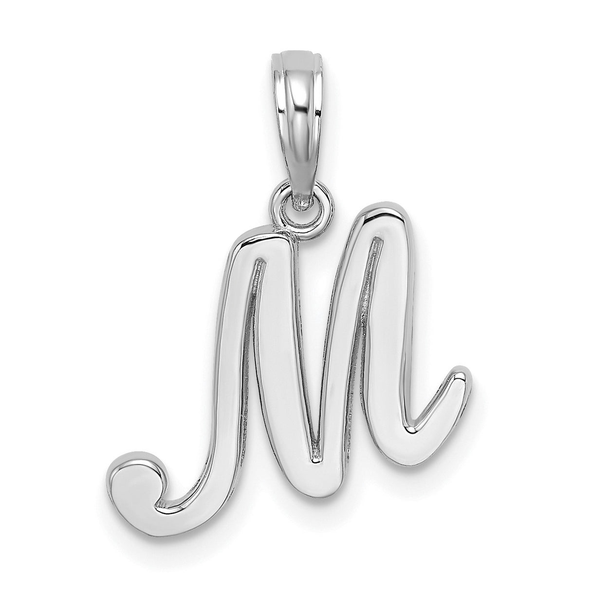 10k White Gold Script Initial M Pendant, Polished Cursive Letter Charm for Women