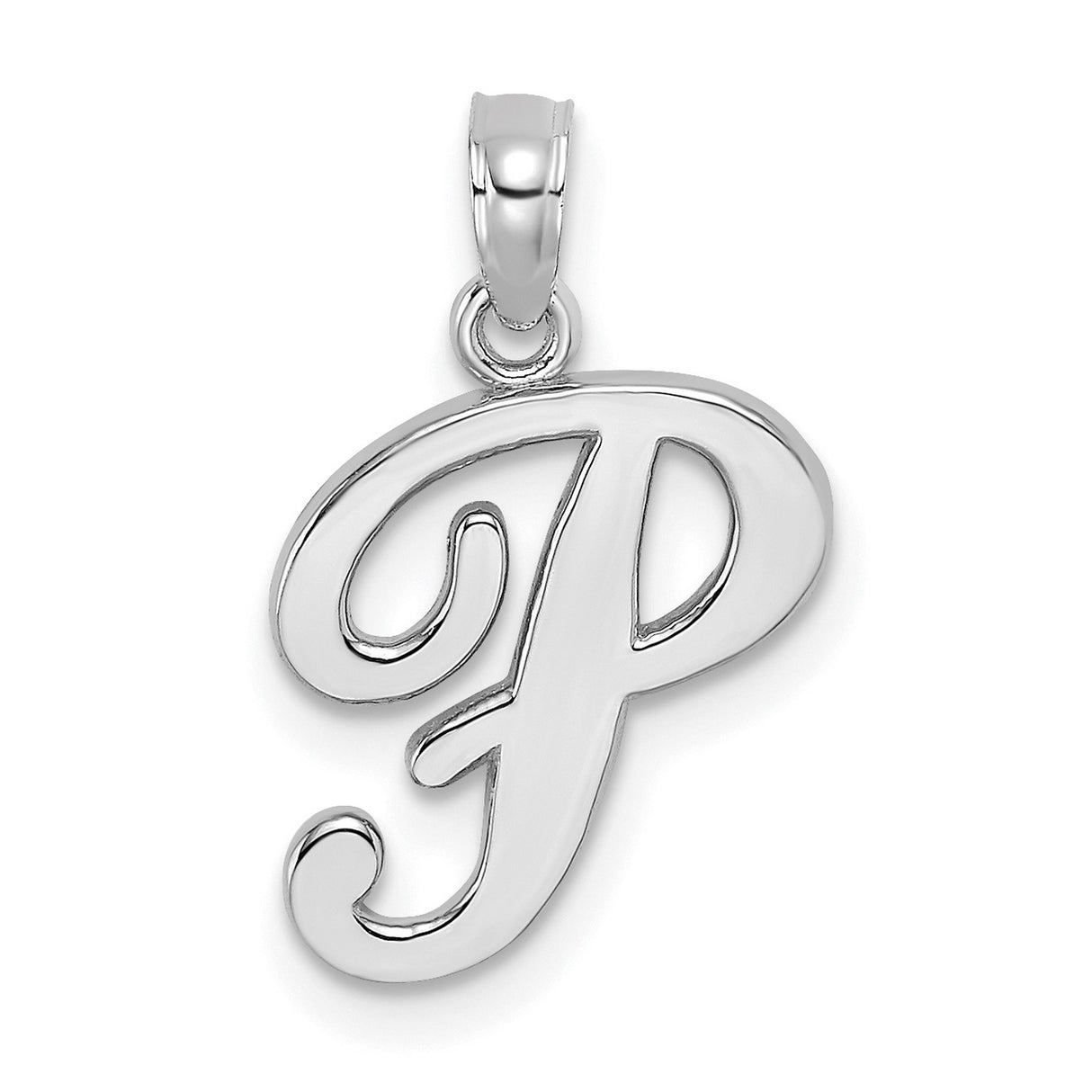10k White Gold Initial P Pendant, Script Letter Charm in Polished Design for Women