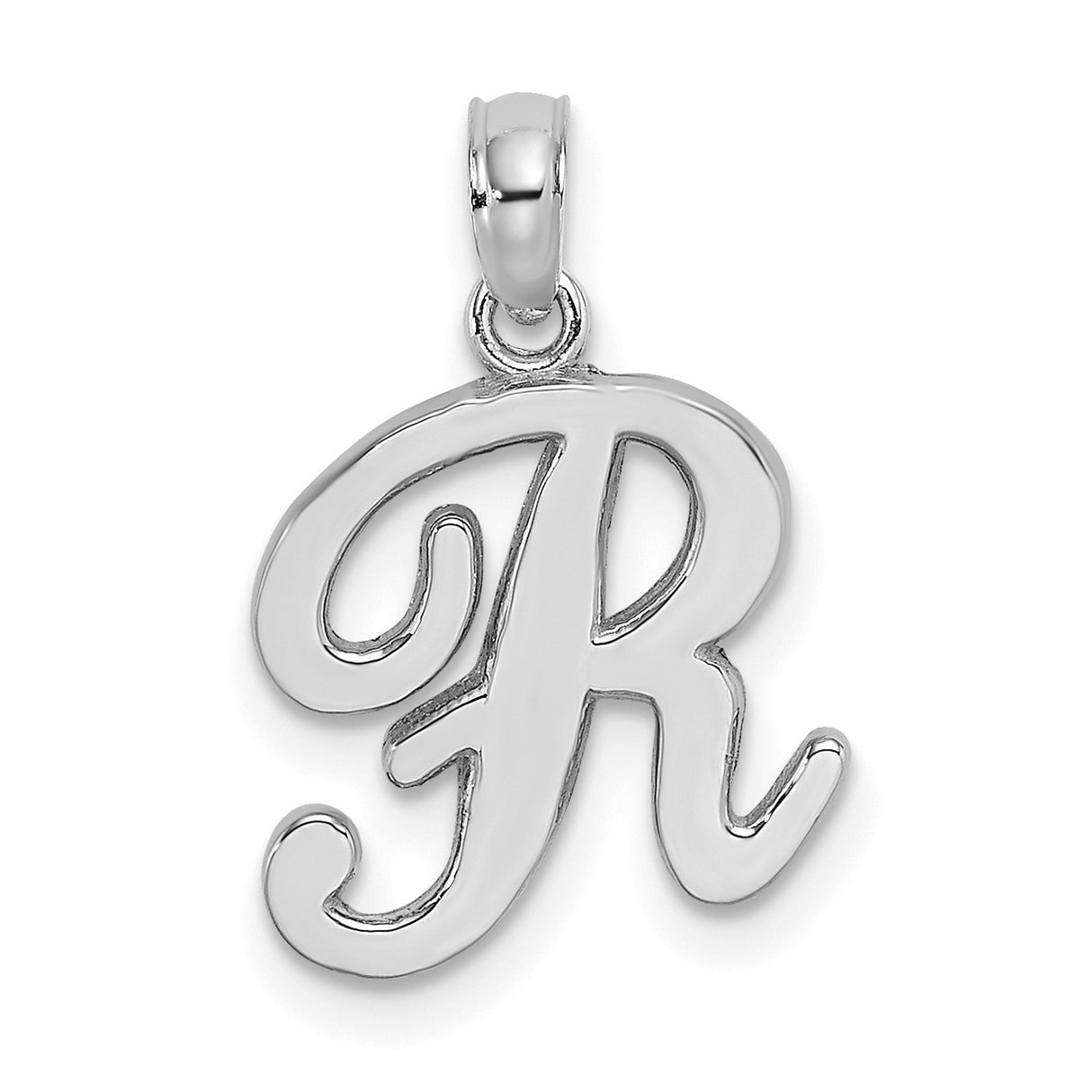 10k White Gold Initial Pendant, Polished Script R Letter Charm, Minimal Monogram Jewelry