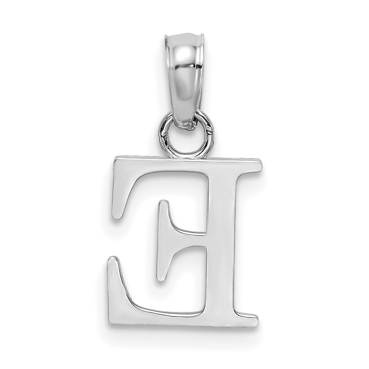 10k White Gold Letter E Pendant, Polished Block Style Initial Charm for Women or Unisex Wear