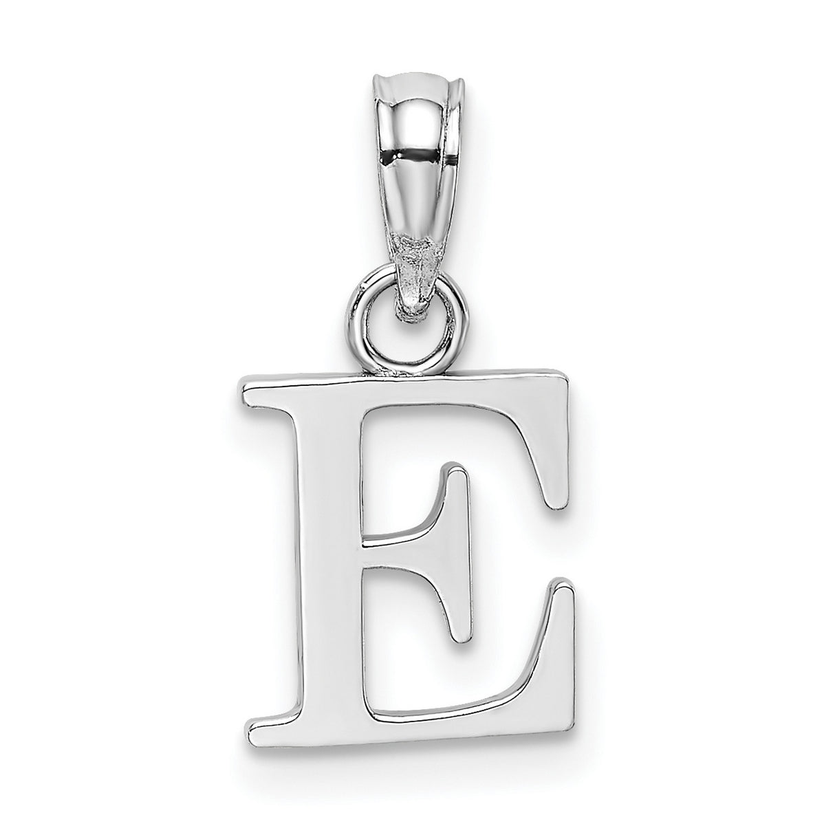 10k White Gold Letter E Pendant, Polished Block Style Initial Charm for Women or Unisex Wear