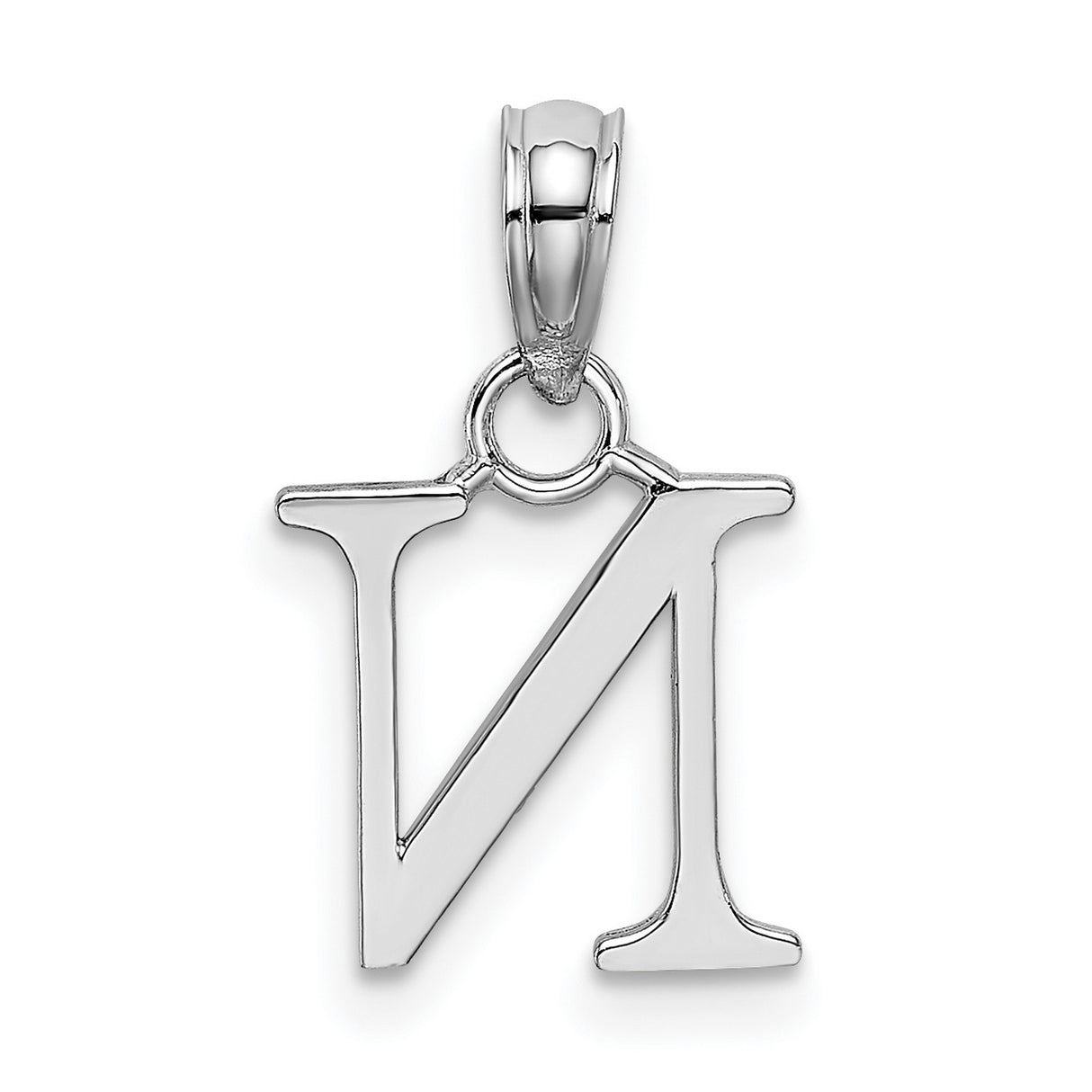 10k White Gold Letter N Pendant, Polished Block Font Initial Charm for Women or Unisex Wear