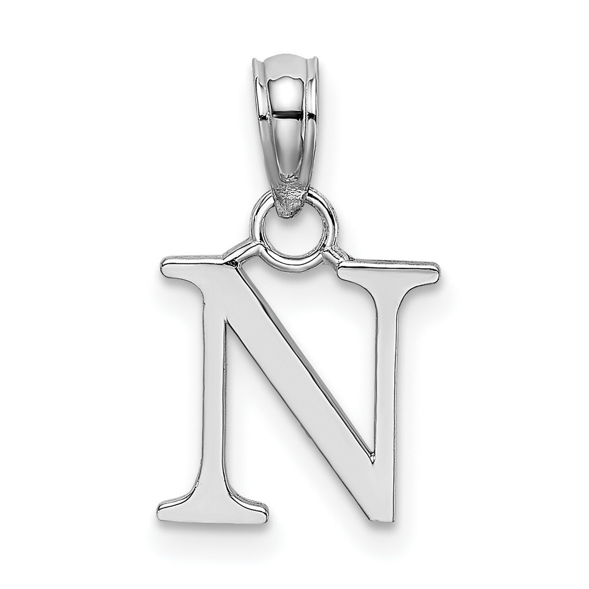 10k White Gold Letter N Pendant, Polished Block Font Initial Charm for Women or Unisex Wear