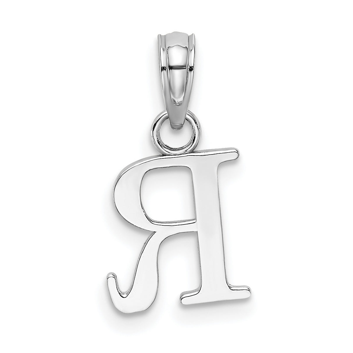 10k White Gold Letter R Pendant, Polished Block Initial Charm for Women or Unisex Wear
