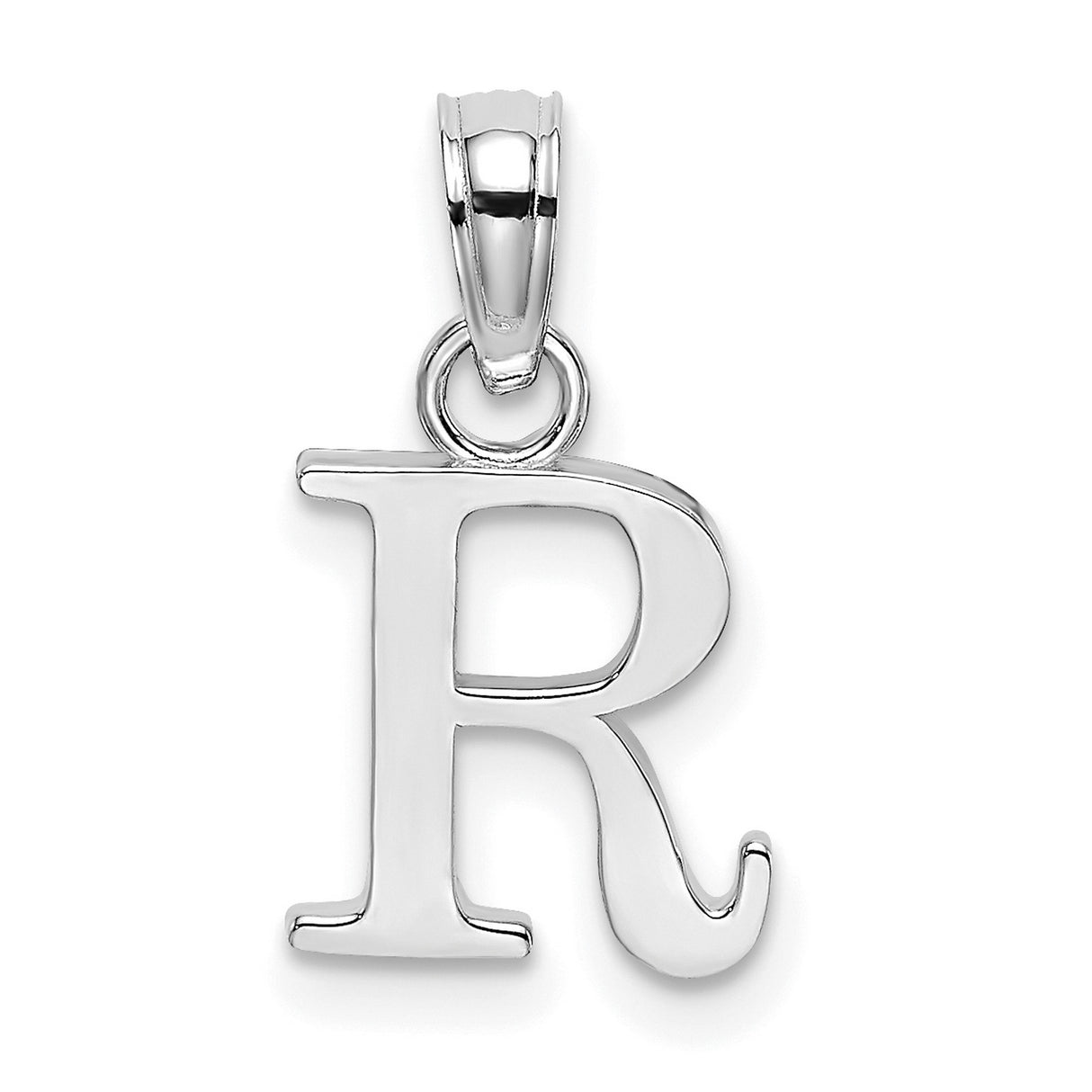 10k White Gold Letter R Pendant, Polished Block Initial Charm for Women or Unisex Wear