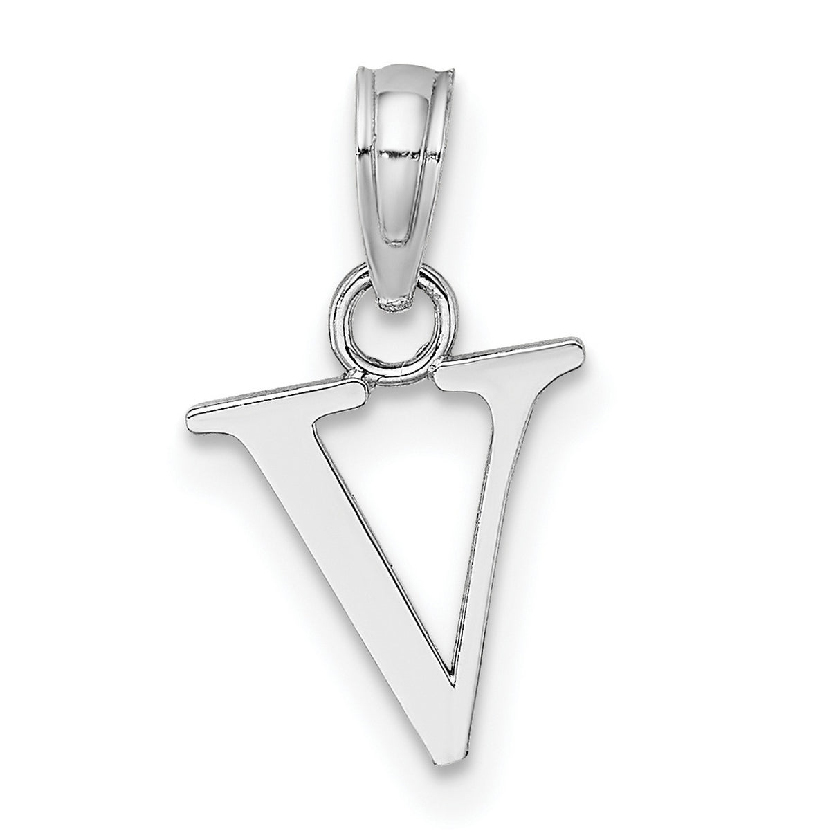 10k White Gold Letter V Pendant, Polished Block Initial Charm for Women