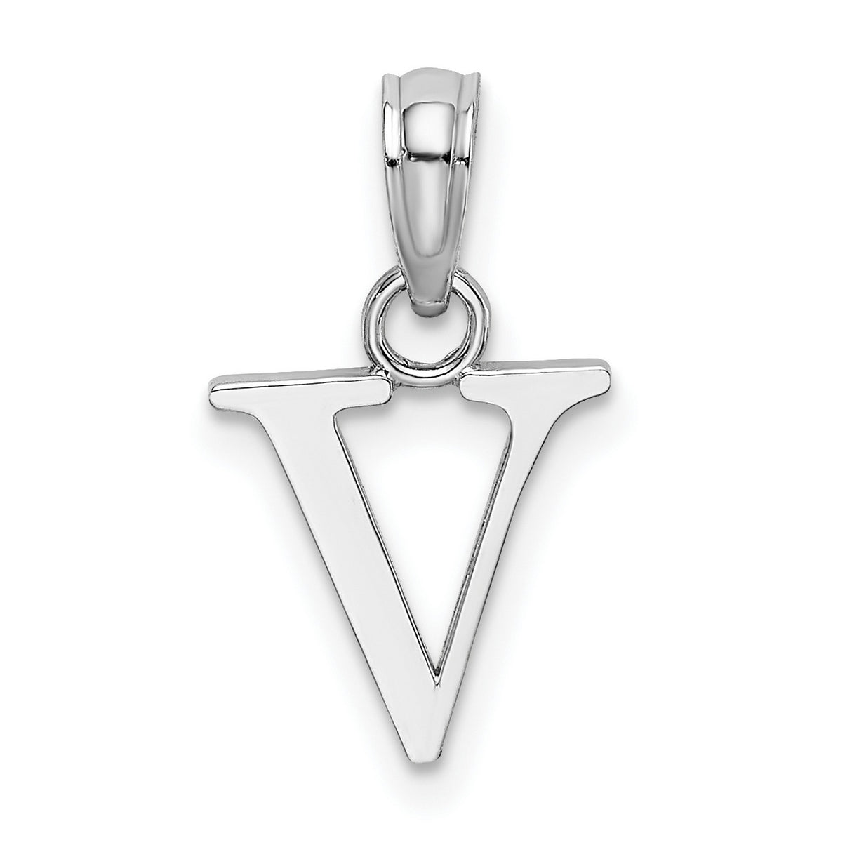 10k White Gold Letter V Pendant, Polished Block Initial Charm for Women