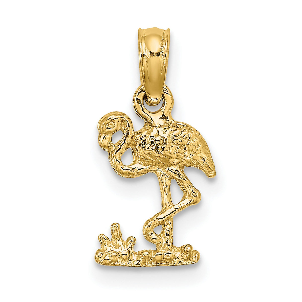 10k Yellow Gold Flamingo Pendant, Detailed Tropical Bird in Grass, Nature and Beachwear Theme
