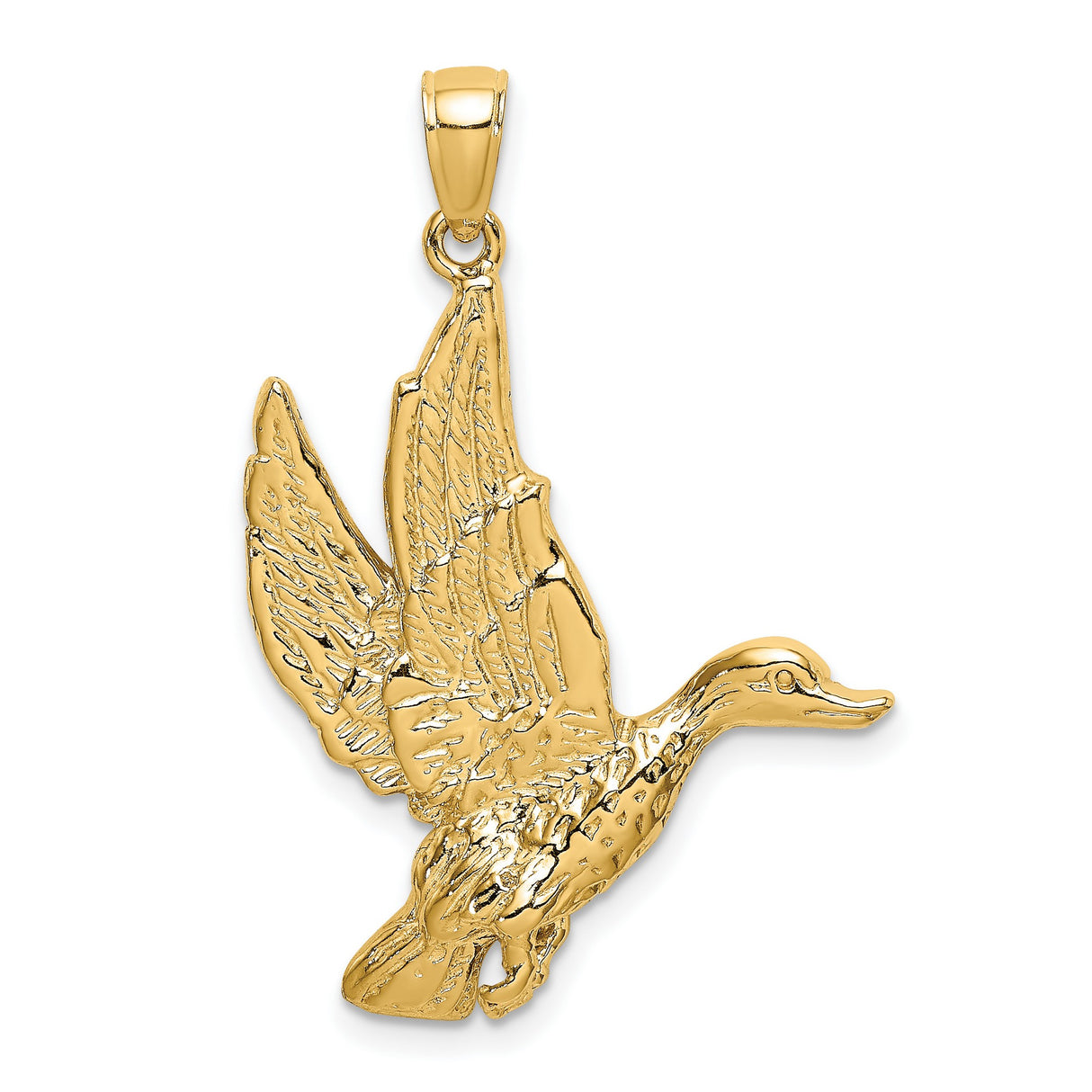 10k Yellow Gold Flying Duck Pendant with Detailed Wings, Wildlife Hunting Charm