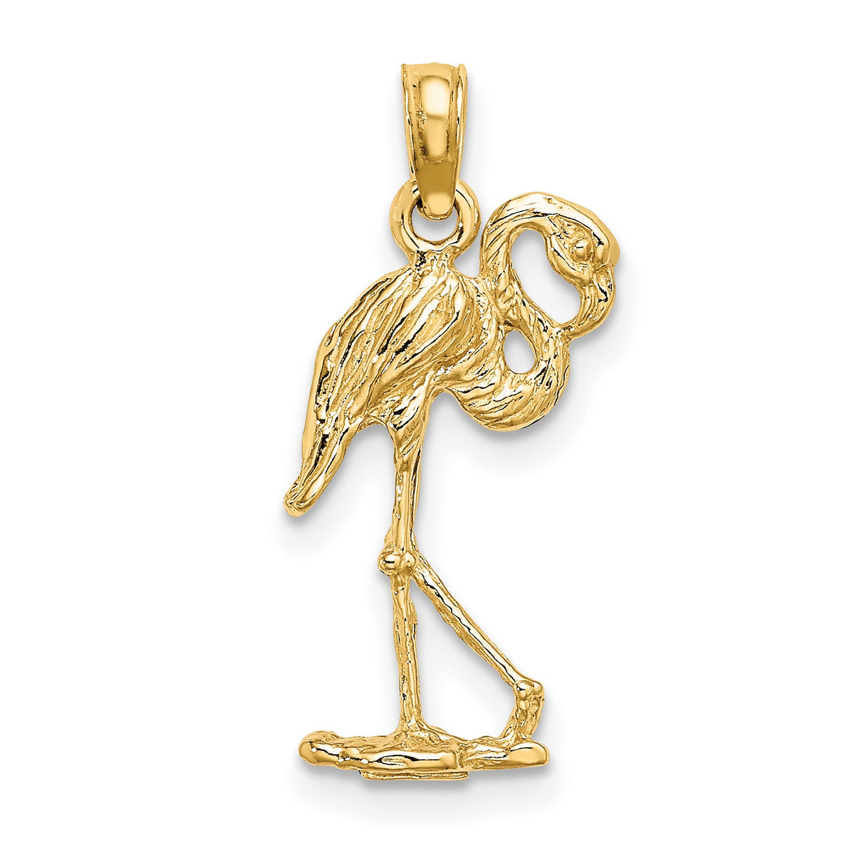 10k Yellow Gold Flamingo Pendant, Textured Standing Bird Design, Nature-Inspired Animal Jewelry