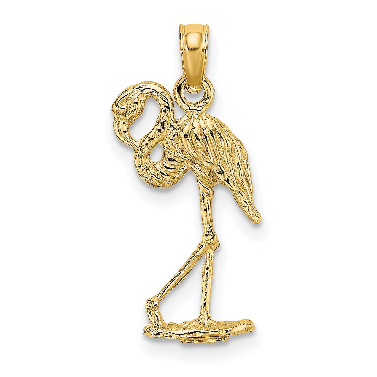 10k Yellow Gold Flamingo Pendant, Textured Standing Bird Design, Nature-Inspired Animal Jewelry