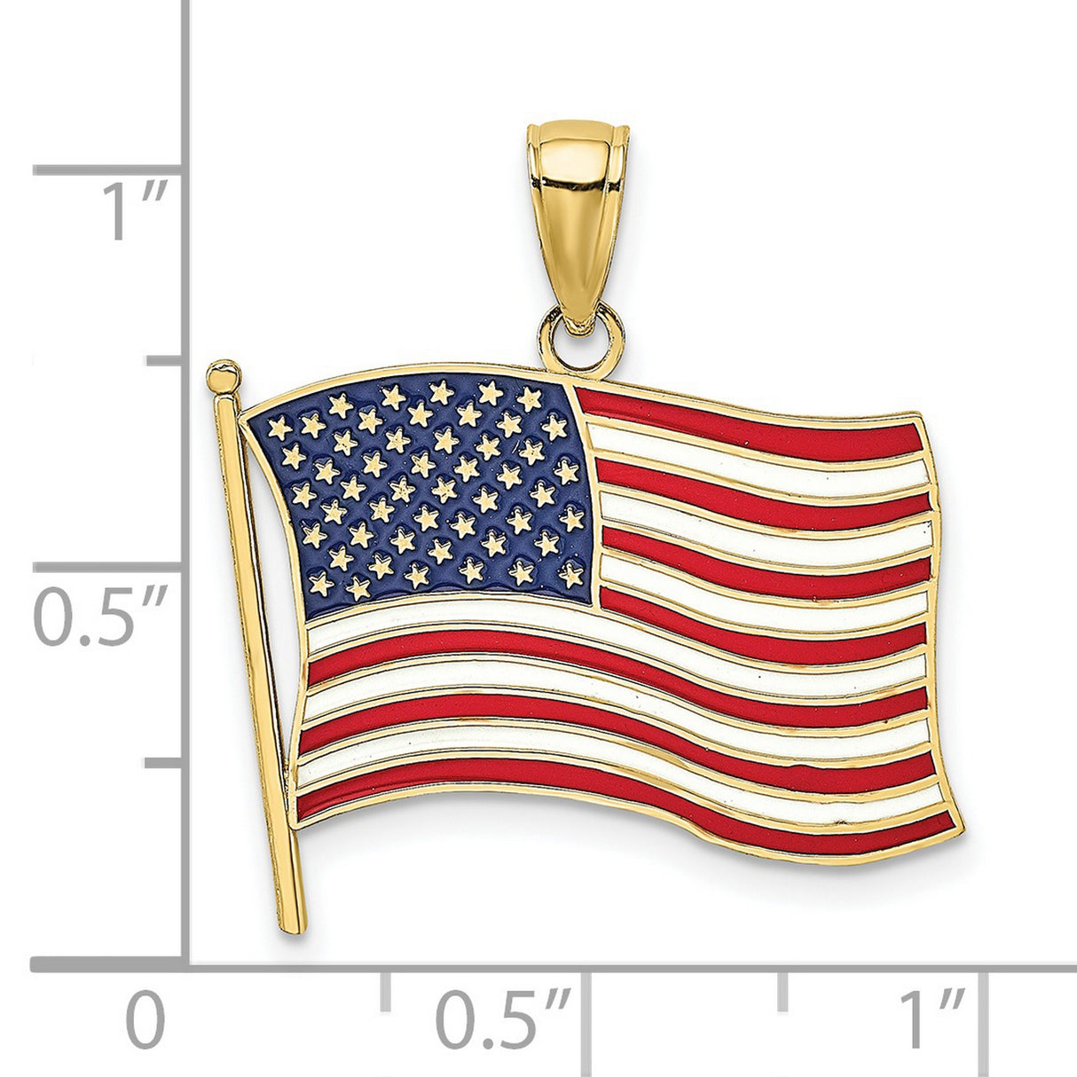 10k Yellow Gold American Flag Pendant with Red White Blue Enamel Detailing