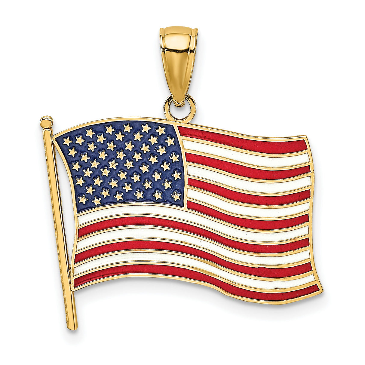 10k Yellow Gold American Flag Pendant with Red White Blue Enamel Detailing