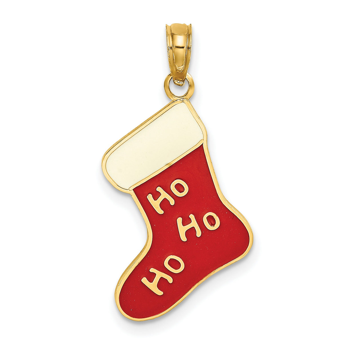10k Yellow Gold Christmas Stocking Pendant with Red Enamel Ho Ho Ho Text, Holiday Charm