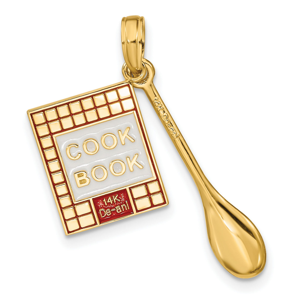 10k Yellow Gold Spoon Pendant with Enamel Cookbook Design, Culinary Charm for Women