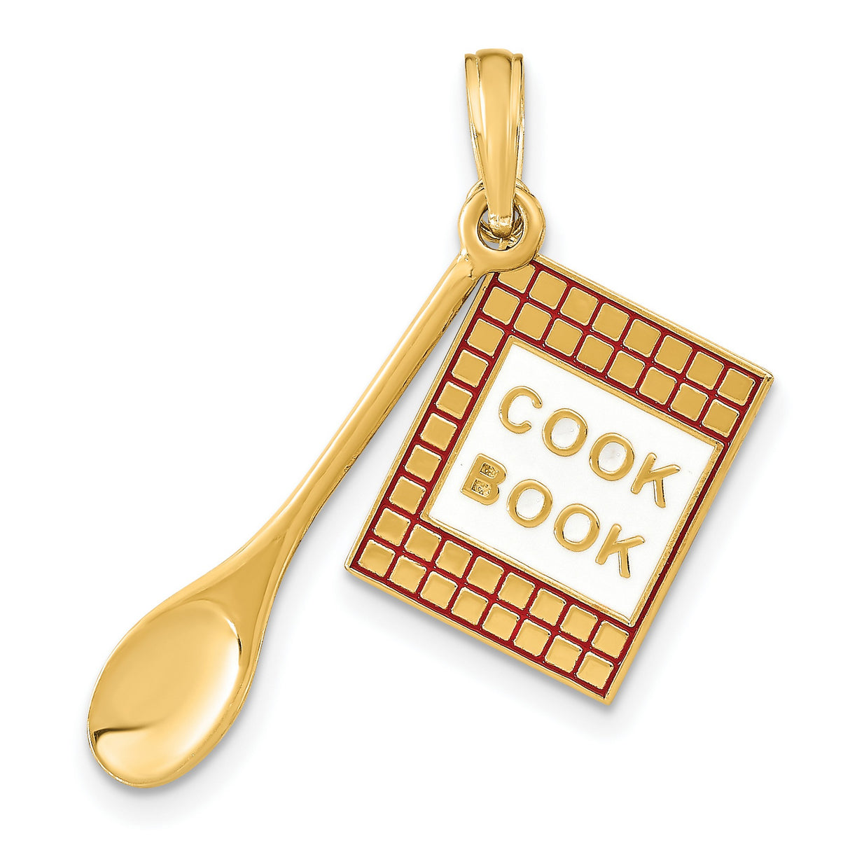 10k Yellow Gold Spoon Pendant with Enamel Cookbook Design, Culinary Charm for Women