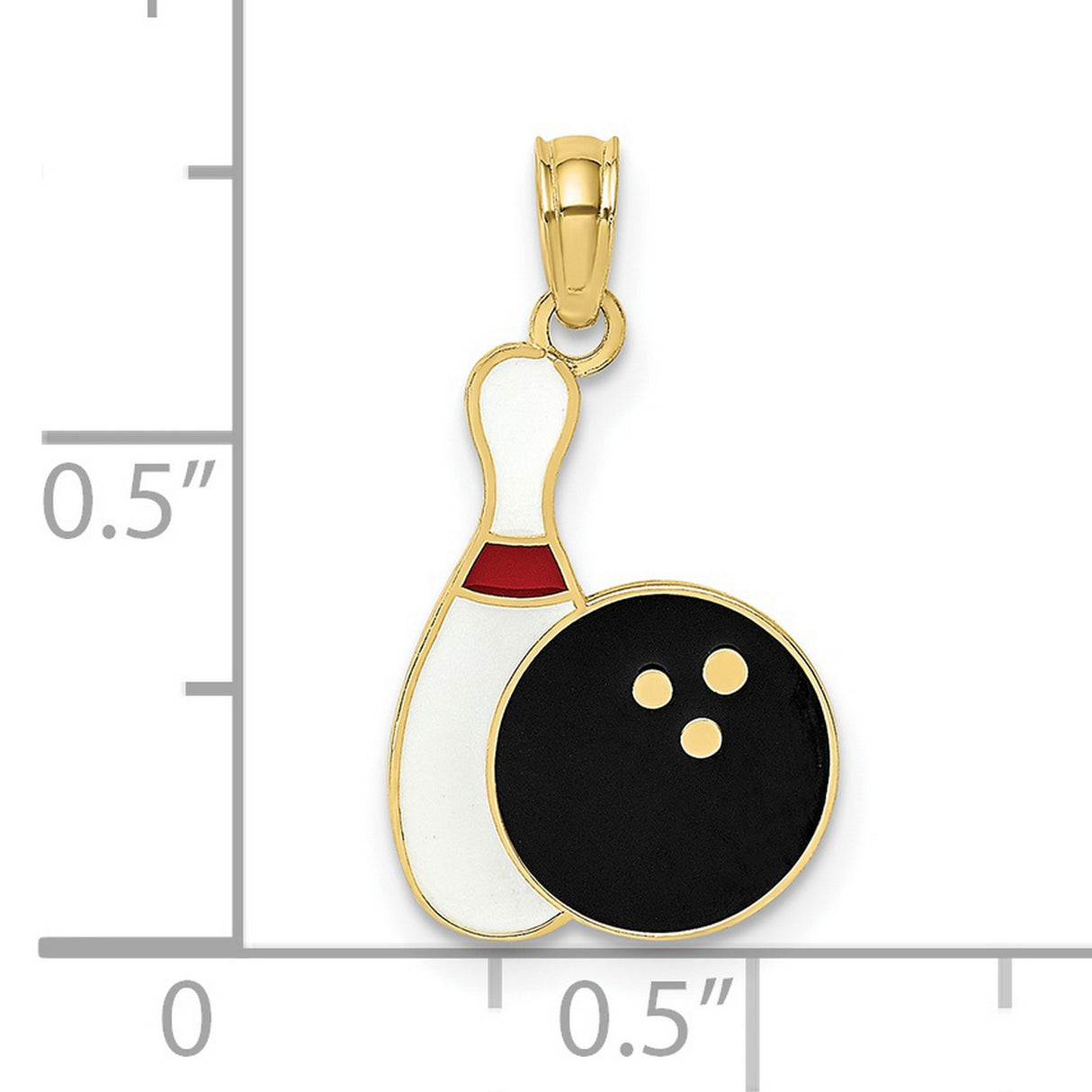 10k Yellow Gold Bowling Pin and Ball Pendant with Red Black White Enamel Accents