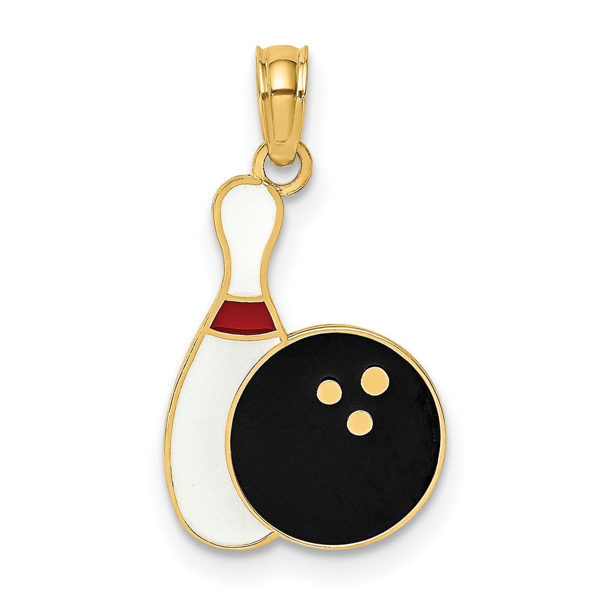 10k Yellow Gold Bowling Pin and Ball Pendant with Red Black White Enamel Accents