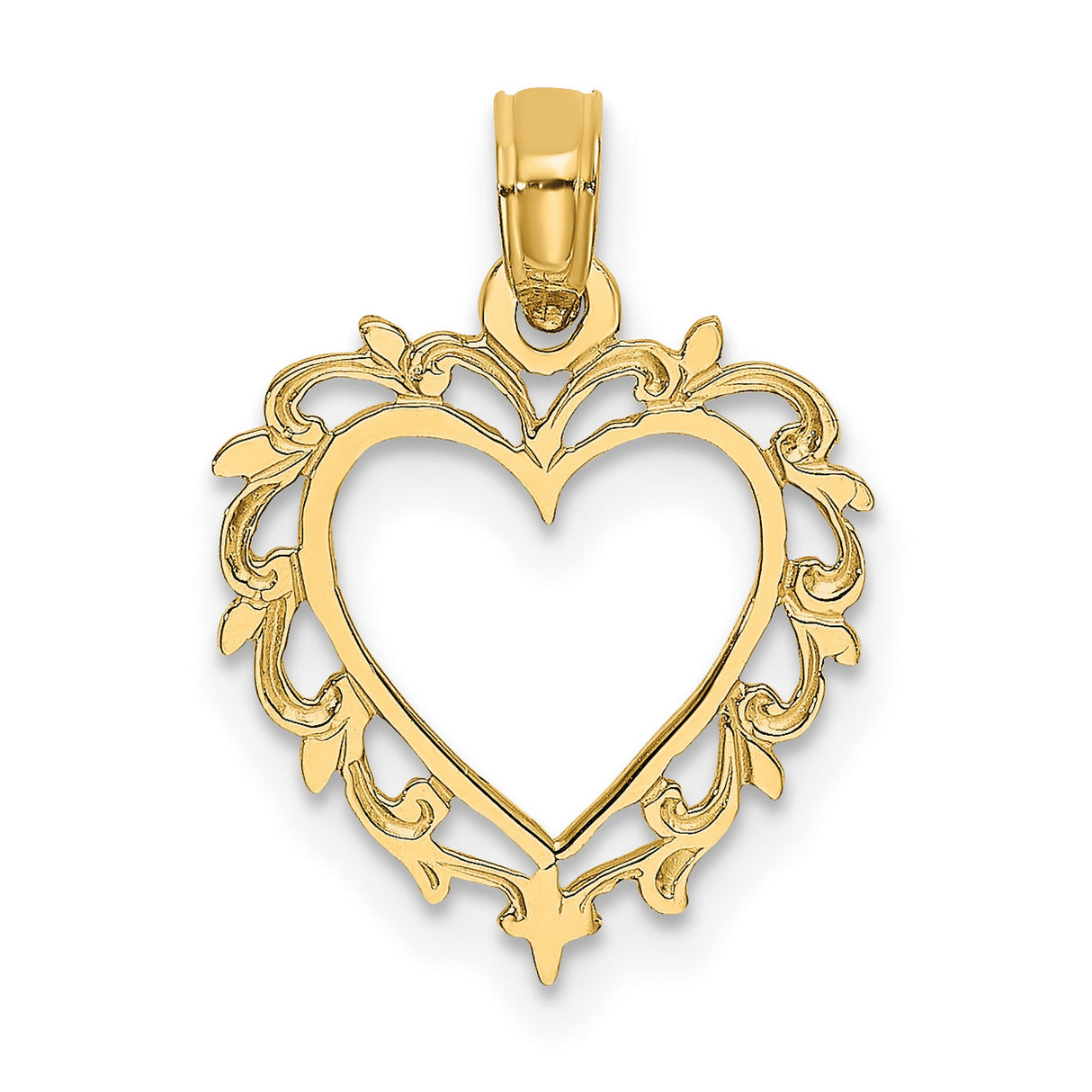 10k Yellow Gold Heart Pendant with Scroll and Leaf Openwork Design