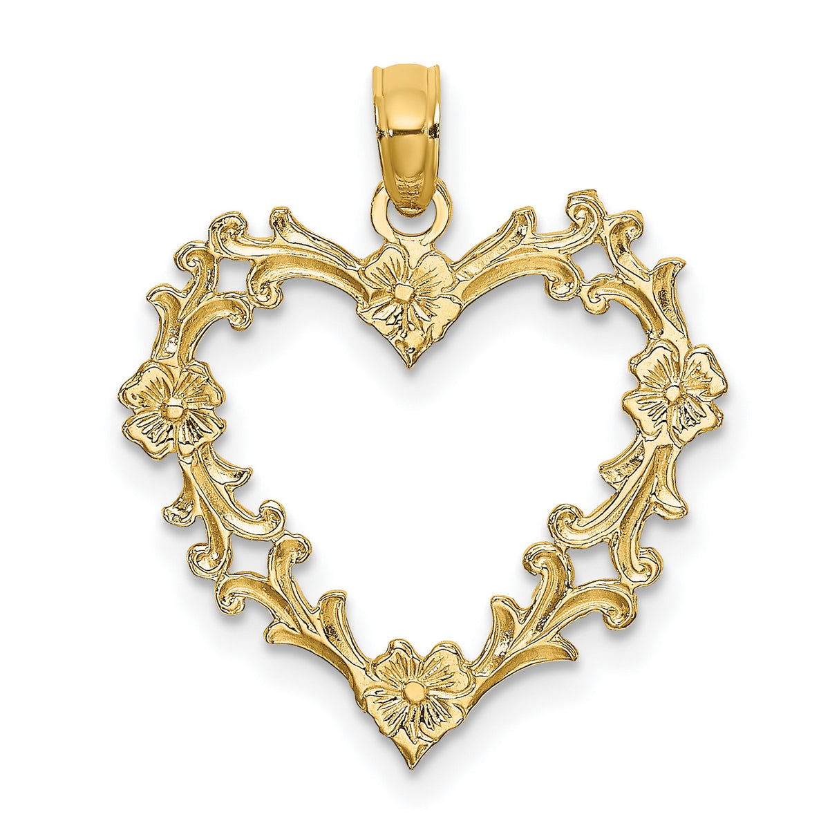 10k Yellow Gold Heart Pendant with Ornate Vine and Floral Cutout Design for Women