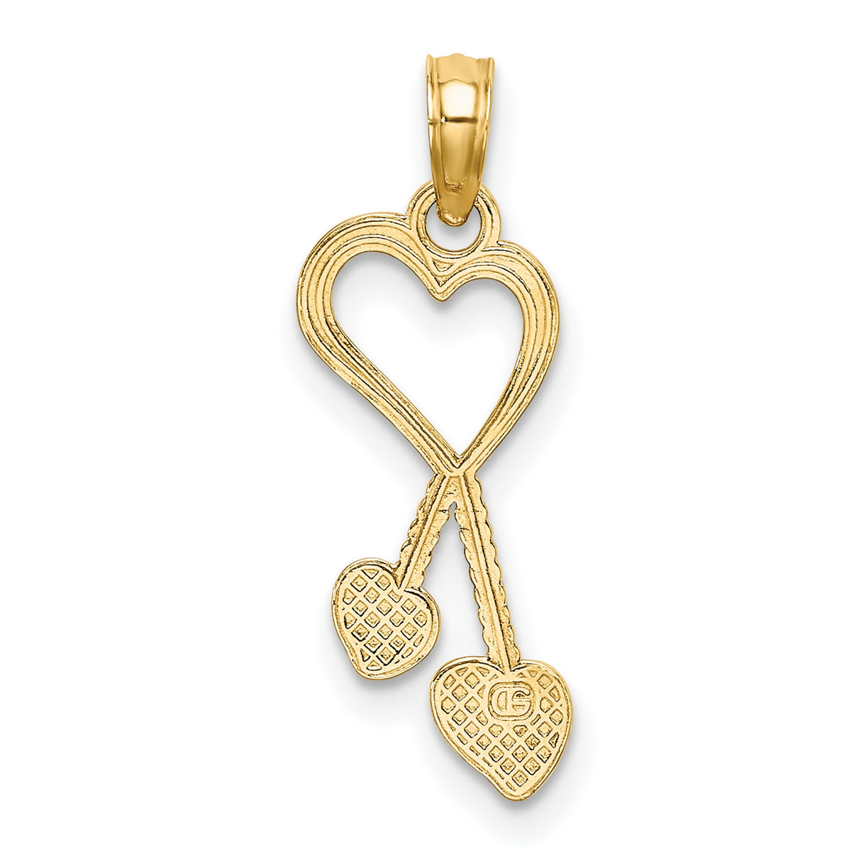 10k Yellow Gold Heart Pendant with Dangling Solid Hearts, Romantic Tassel Design