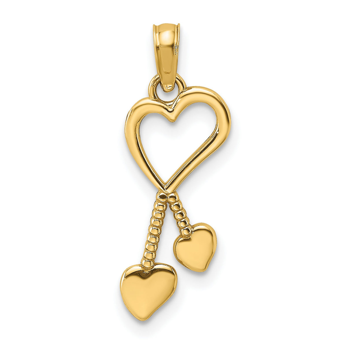 10k Yellow Gold Heart Pendant with Dangling Solid Hearts, Romantic Tassel Design