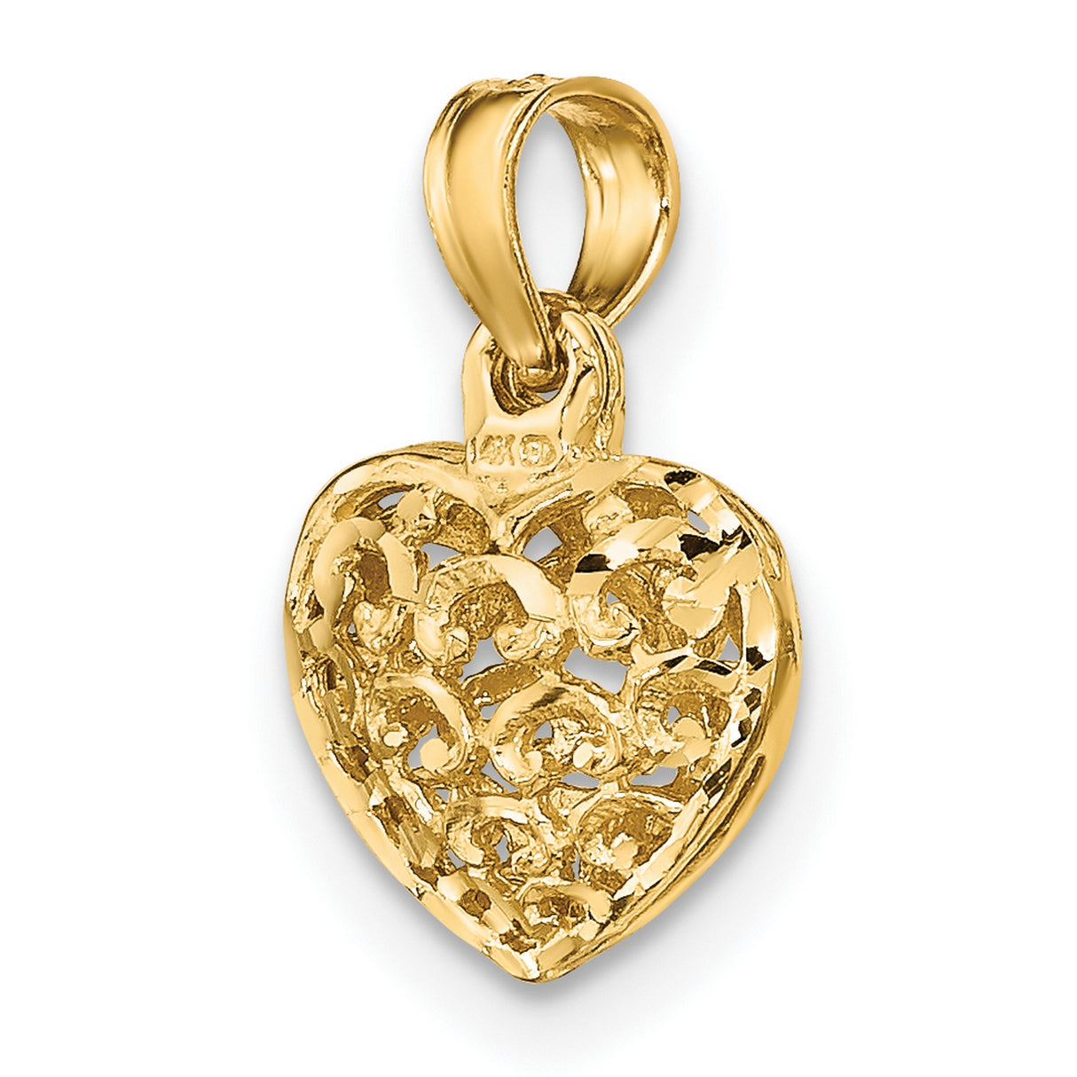 10k Yellow Gold Heart Pendant with Openwork Filigree and Floral Scroll Design