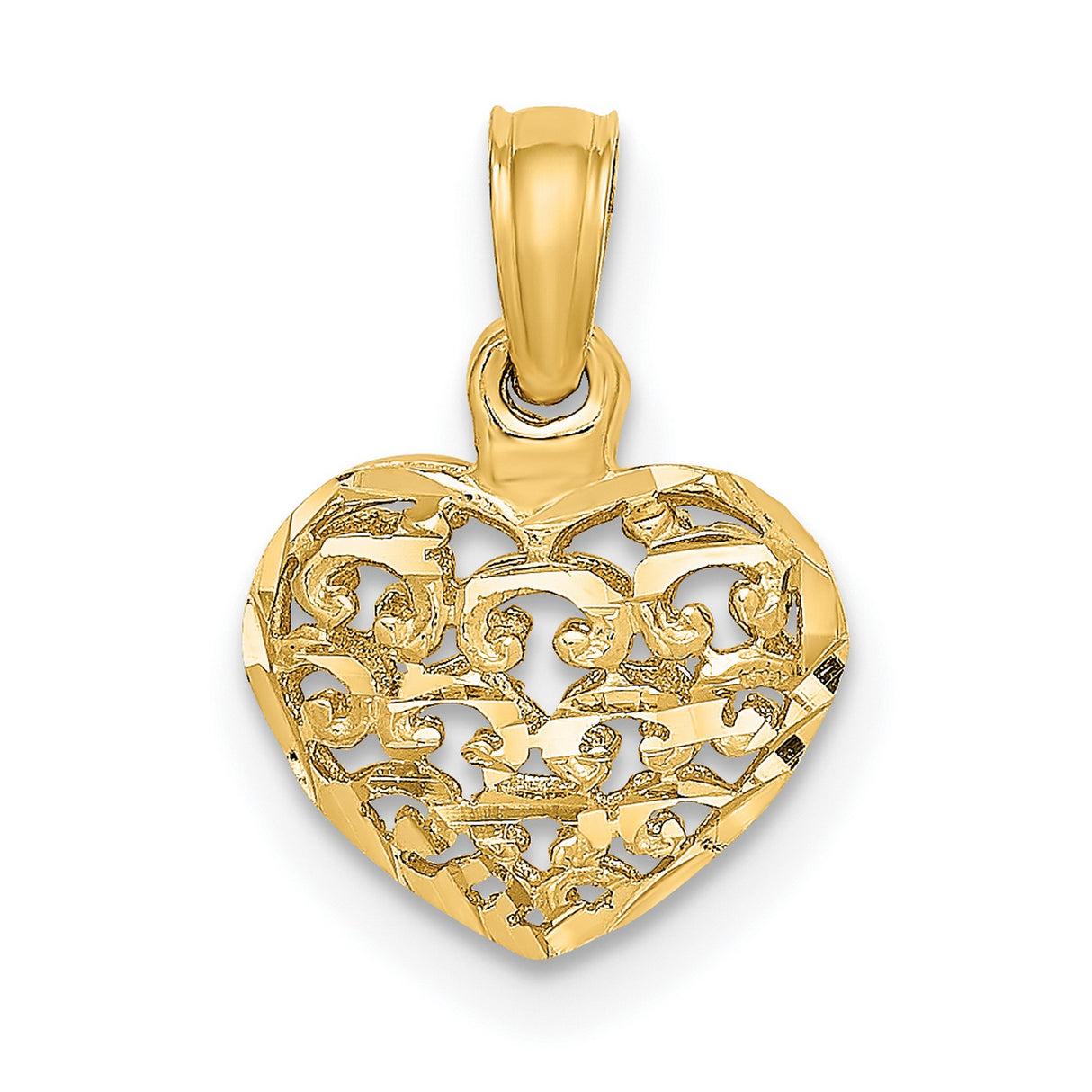 10k Yellow Gold Heart Pendant with Openwork Filigree and Floral Scroll Design