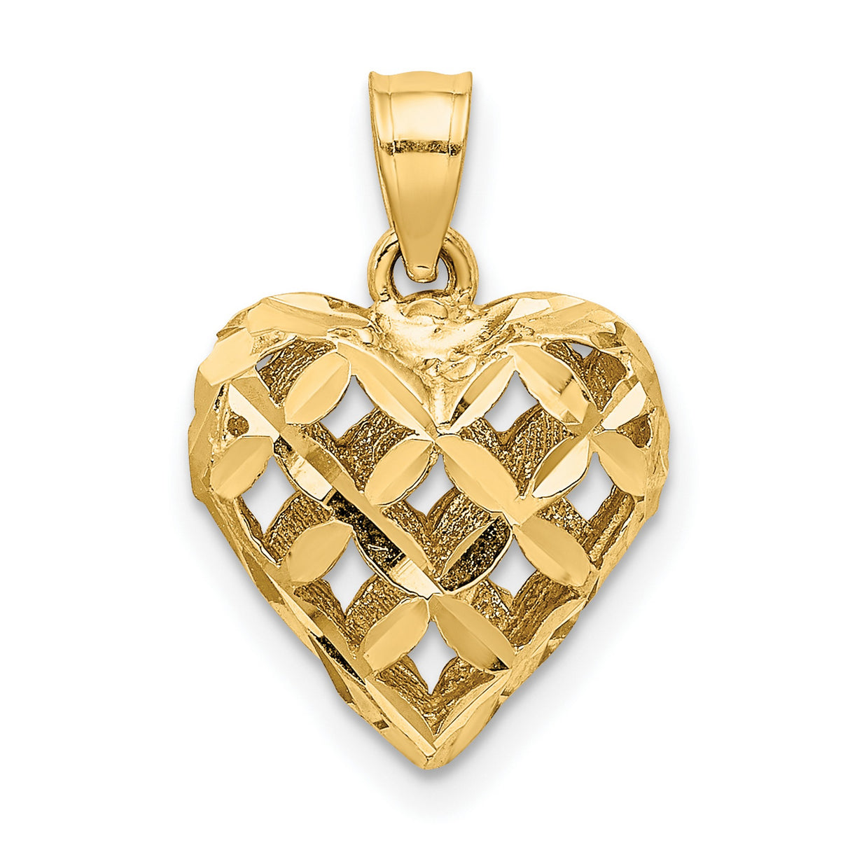 10k Yellow Gold Heart Pendant with Lattice Openwork Filigree Design Charm