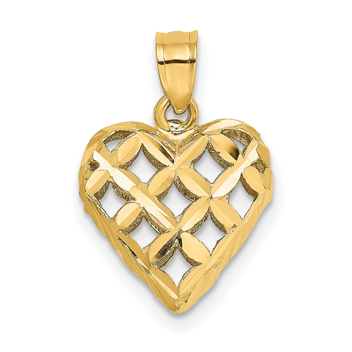 10k Yellow Gold Heart Pendant with Lattice Openwork Filigree Design Charm