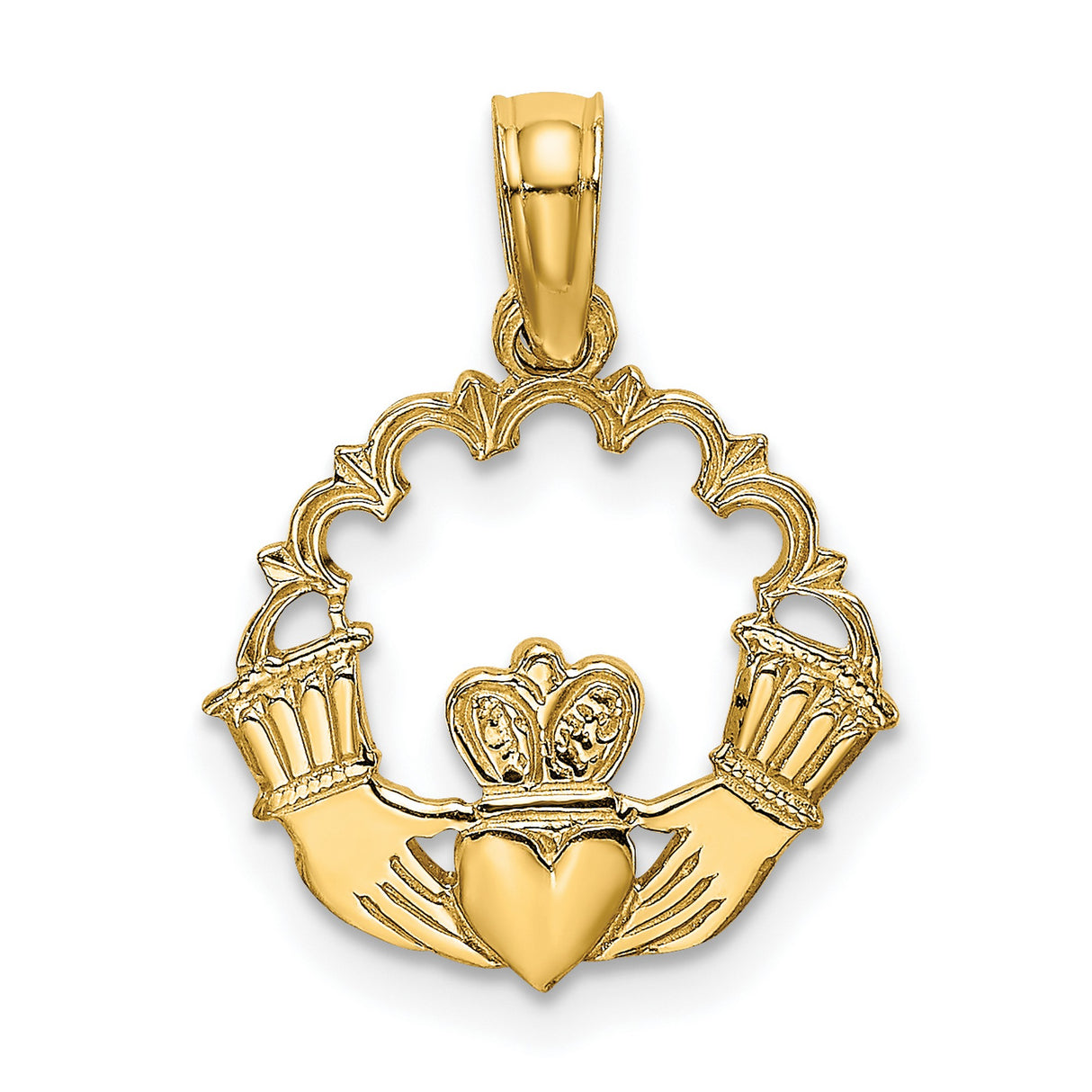 10k Yellow Gold Claddagh Pendant with Crowned Heart and Hands, Irish Celtic Jewelry for Women
