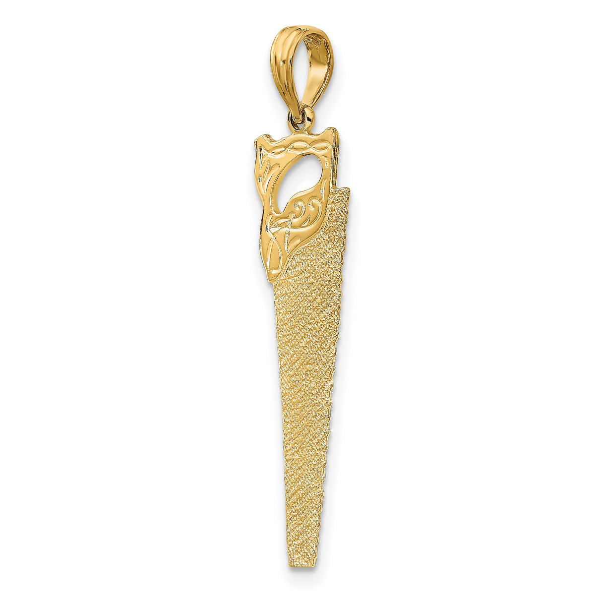 10k Yellow Gold Saw Pendant with Textured Blade and Ornate Handle for Men