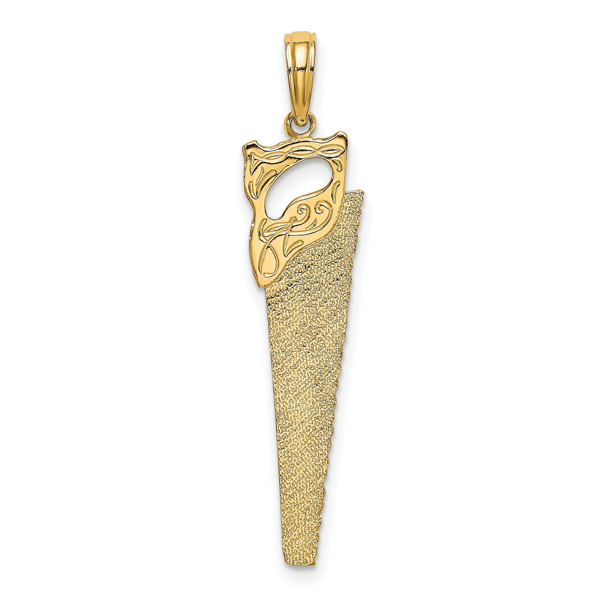 10k Yellow Gold Saw Pendant with Textured Blade and Ornate Handle for Men