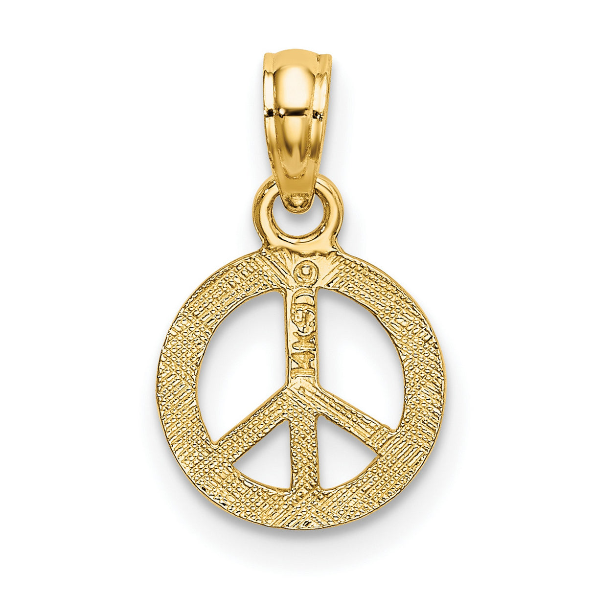10k Yellow Gold Peace Sign Pendant, Textured Boho Retro Hippie Symbolic Charm for Women and Unisex
