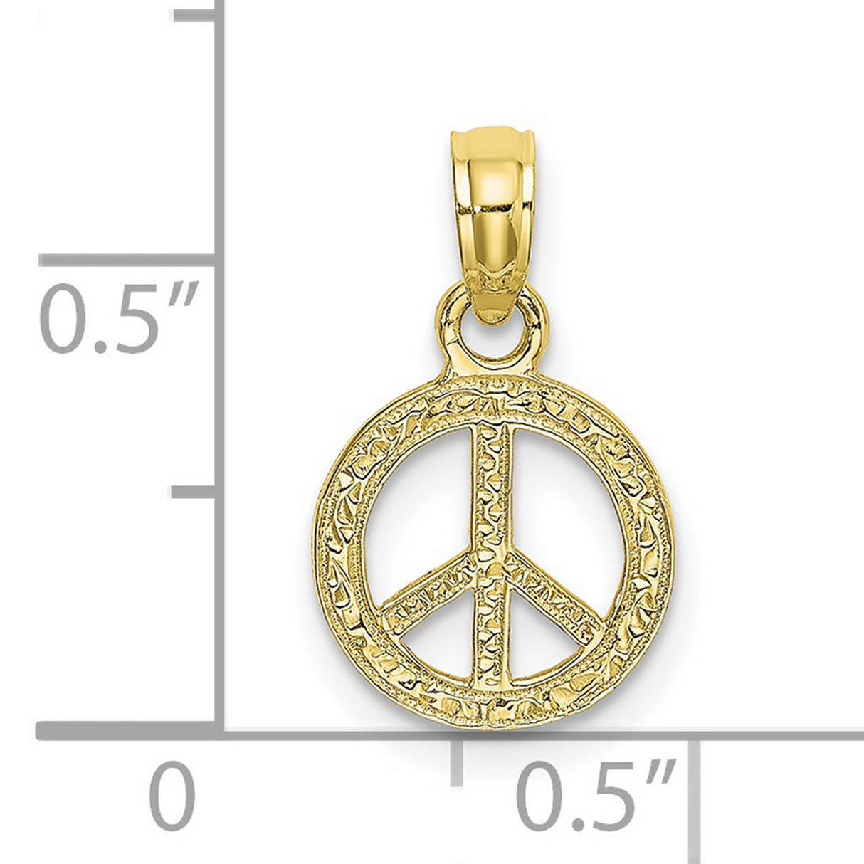 10k Yellow Gold Peace Sign Pendant, Textured Boho Retro Hippie Symbolic Charm for Women and Unisex
