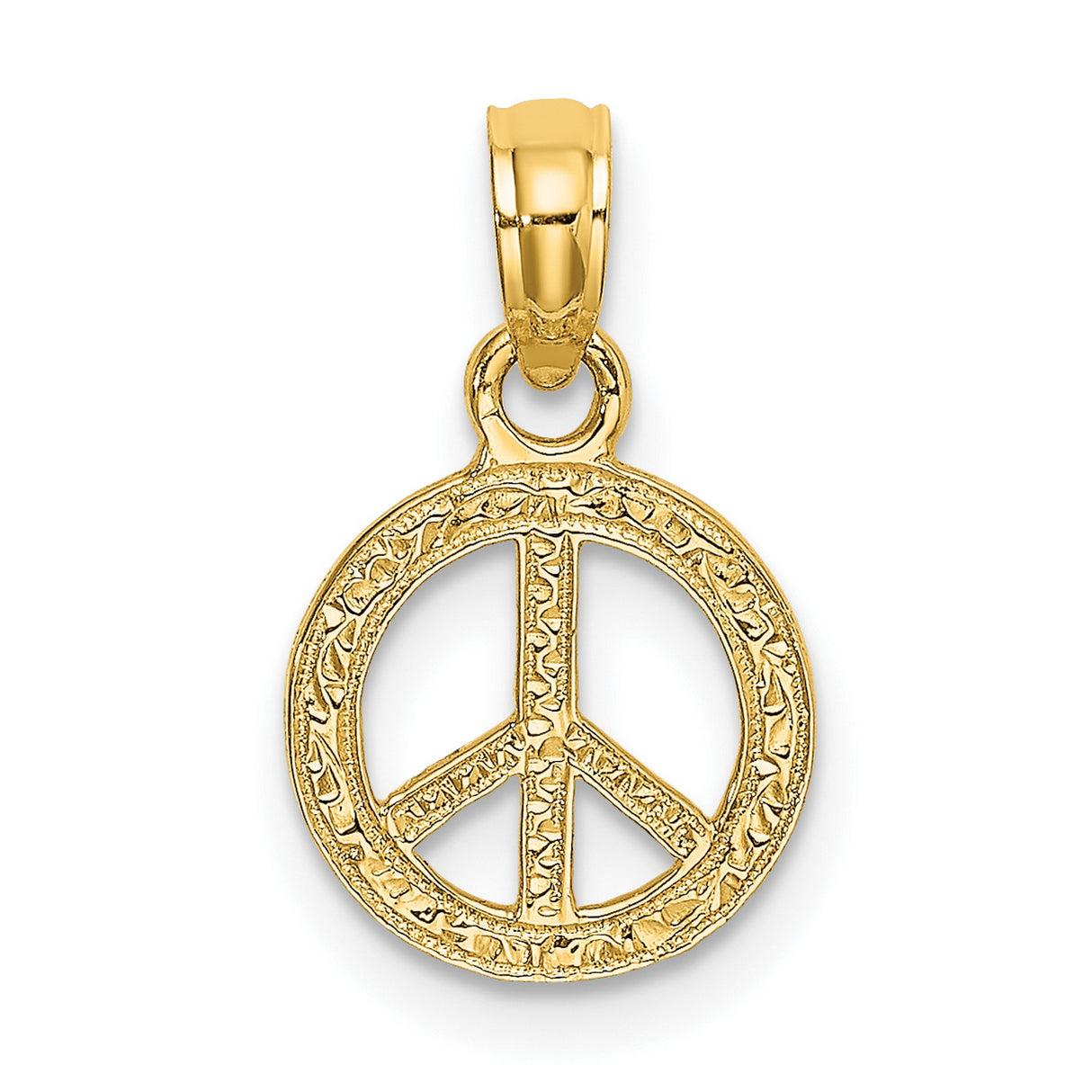 10k Yellow Gold Peace Sign Pendant, Textured Boho Retro Hippie Symbolic Charm for Women and Unisex