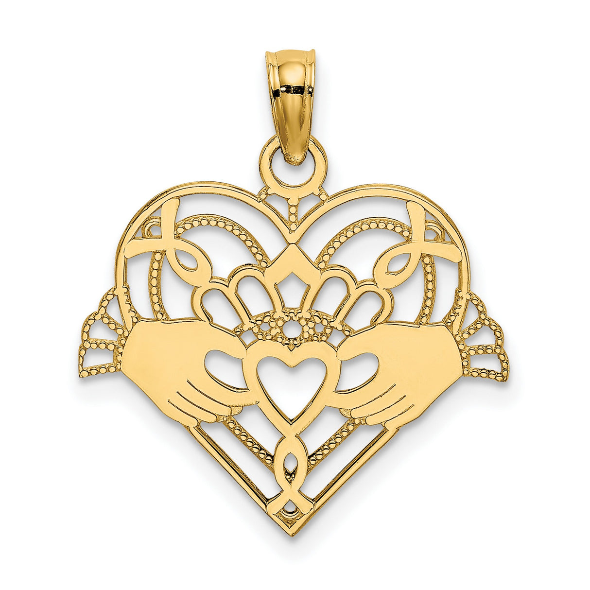 10k Yellow Gold Claddagh Pendant with Heart and Crown, Irish Celtic Jewelry for Women