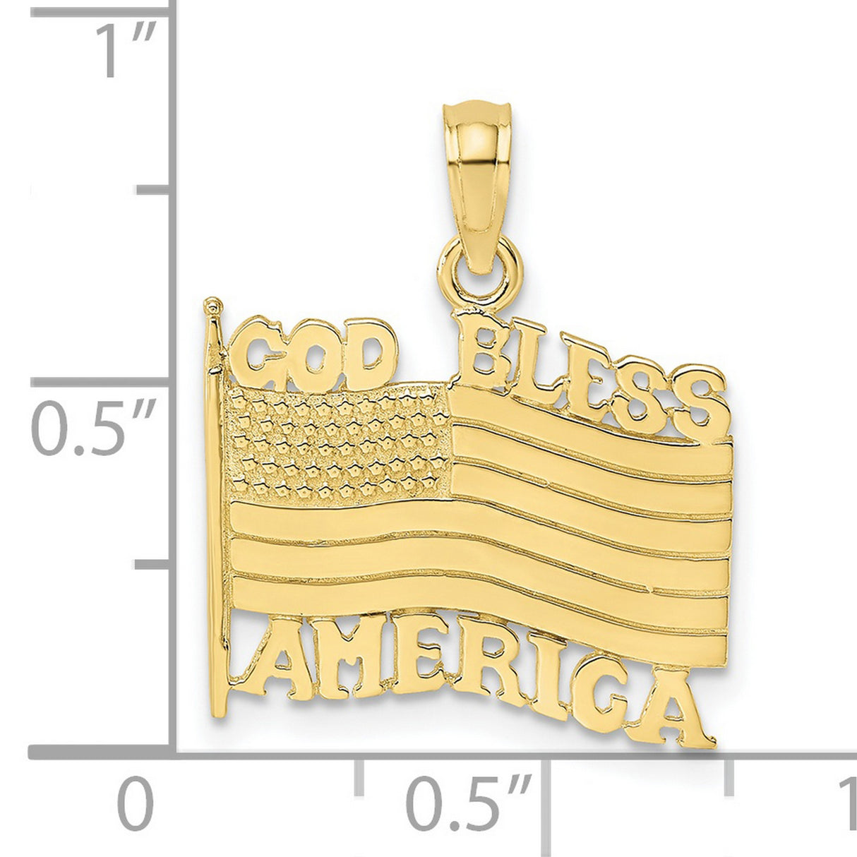 10k Yellow Gold Pendant with God Bless America and Waving U.S. Flag Design, Christian Patriotic Charm