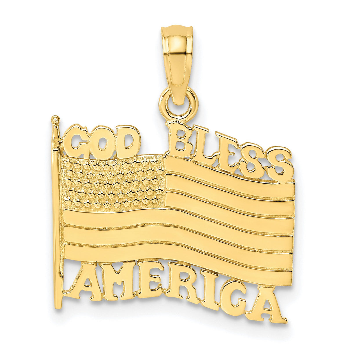 10k Yellow Gold Pendant with God Bless America and Waving U.S. Flag Design, Christian Patriotic Charm