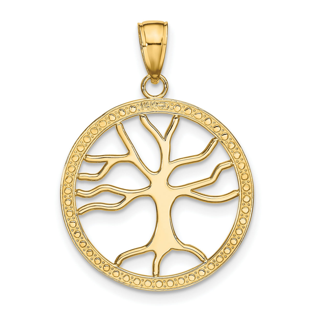 10k Yellow Gold Tree of Life Pendant with Openwork Circular Design and Detailed Border