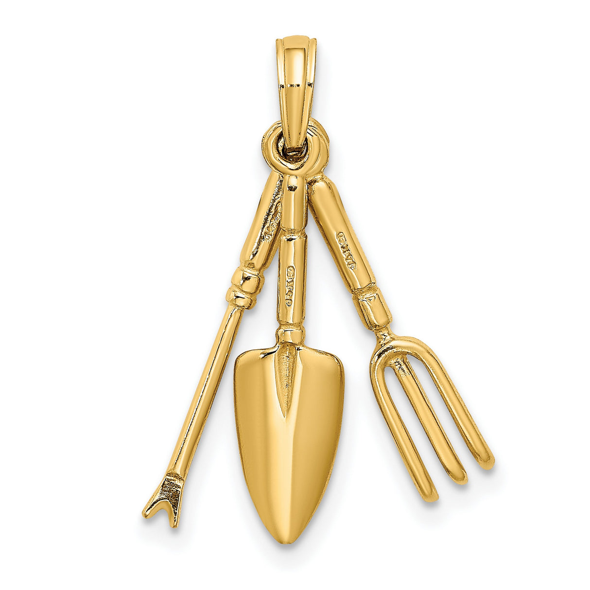 10k Yellow Gold Pendant with Gardening Tools Shovel, Fork, and Rake, Movable Charm Design